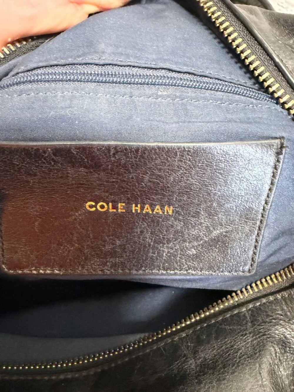 Cole Haan Black Leather Croc-Embossed Satchel Bag With Dual Handles & Zipper Clo